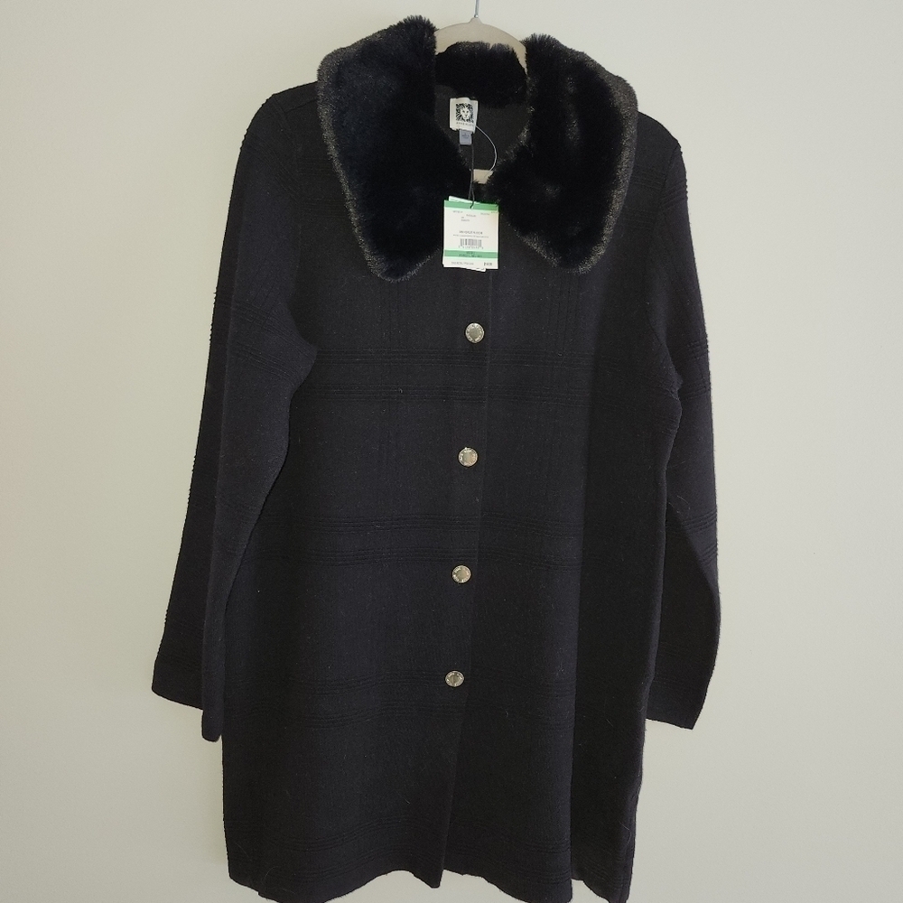 NWT Anne klein black lightweight sweatercoat with removable faux fur collar